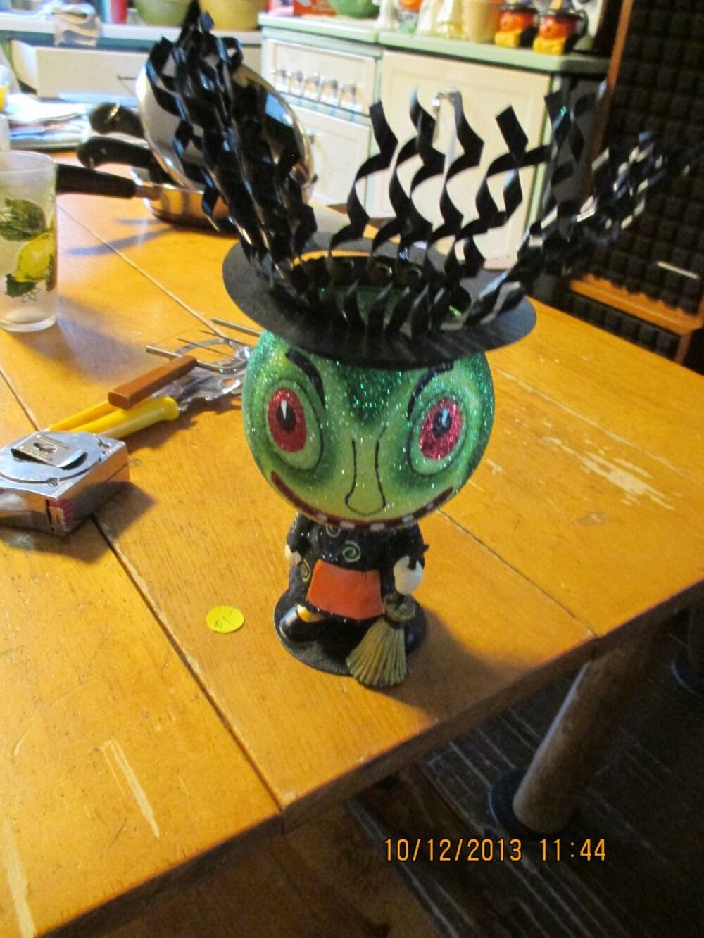 Dept 56 Green pumpkin head glittered spooky witch costume bottom candle holder